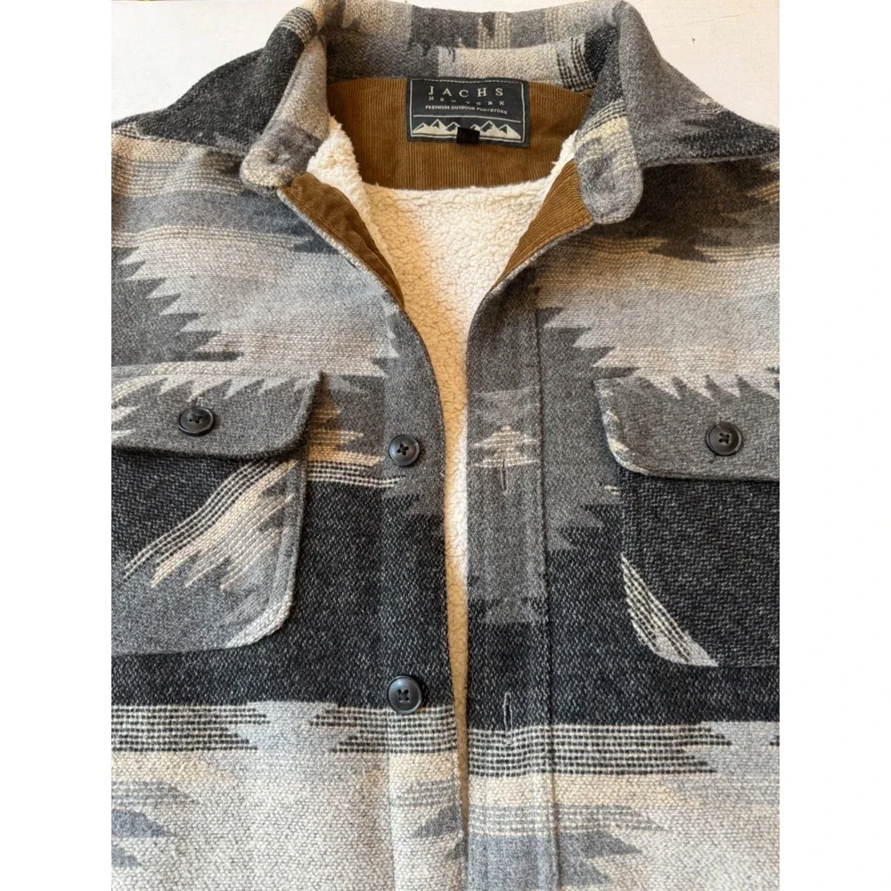 Jachs NY Mens Grey Southwestern Tribal Sherpa Lined Flannel Shirt Jacket M